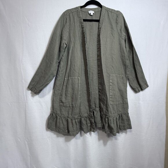 J. Jill Pure Jill Olive Green Linen Open Front Cardigan Coatigan Ruffle Size M - Picture 1 of 11